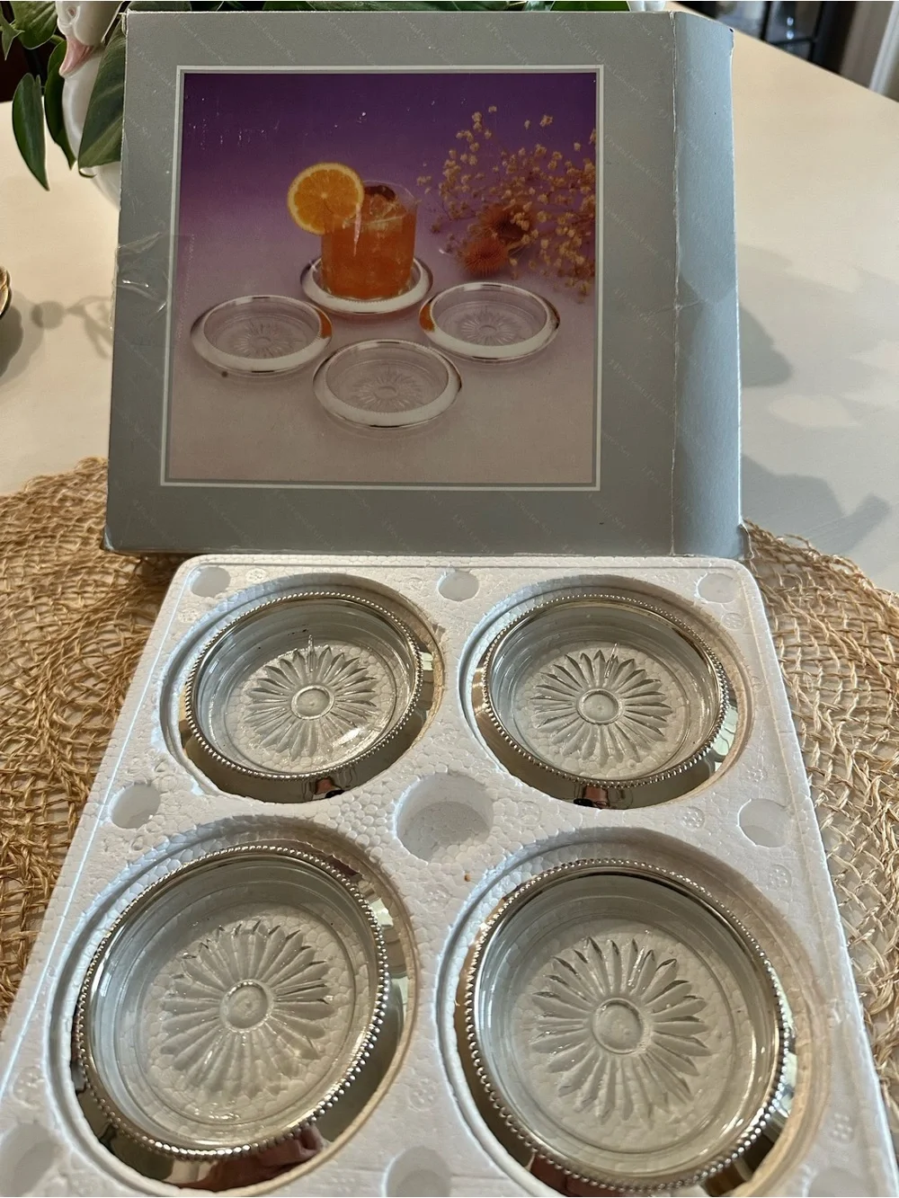 Vintage Silver-Tone Glass Coasters with Sunburst Detail - Set of 4